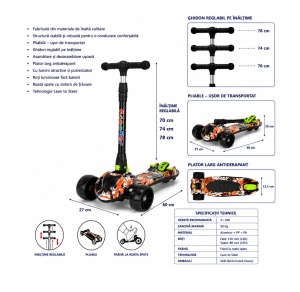 Trotinetă Copii 3 Roți, Portocaliu-Negru, Lean to Steer, Pliabilă, Ghidon Reglabil, Roți LED - Img 3