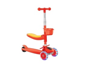 Trotineta Pliabila 2 in 1, cu Sezut Rabatabil, Cosulet si Luminite, Rosu, 2 ani+