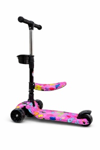 Trotineta Reglabila 2 in 1, cu 3 Roti, Lumini si Scaun Pliabil, Cosulet, Multicolor, 1,5 ani