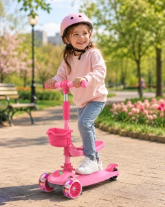 Trotineta Scooter 2 in 1 Reglabila Pentru Copii cu Lumini, Cosulet, Scaunel si colsulet, Roz - Img 3