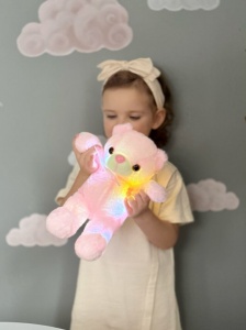 Ursulet de Plus Luminos, cu Lumini LED, Colorate, Lumina de Veghe, Pufos, Roz, 30 cm - Img 7