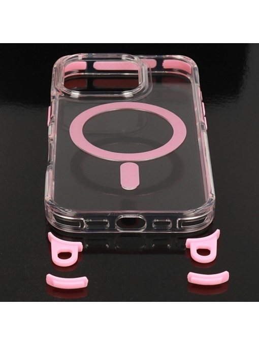 Акрилен кейс с връзка за врата и розов кант Strap Clear Case за iPhone 16