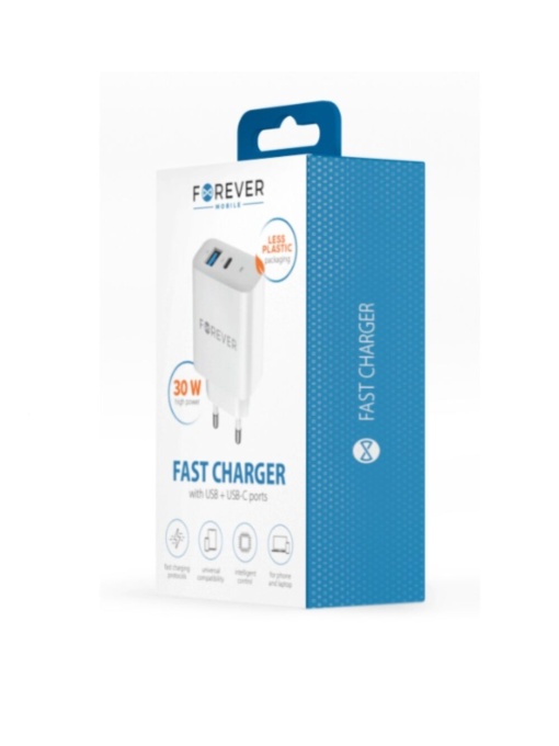 Зарядно у во Forever TC 07 30AC с мощност 30W с два изхода 1 х USB 1 x USB C за бърз пренос на данни