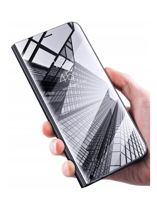 Черен Тефтер Clear View за Samsung A12 с място за карти и банкноти