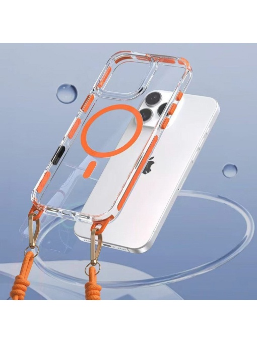 Акрилен калъф с връзка за врата и оранжев кант Strap Clear Case за iPhone 15