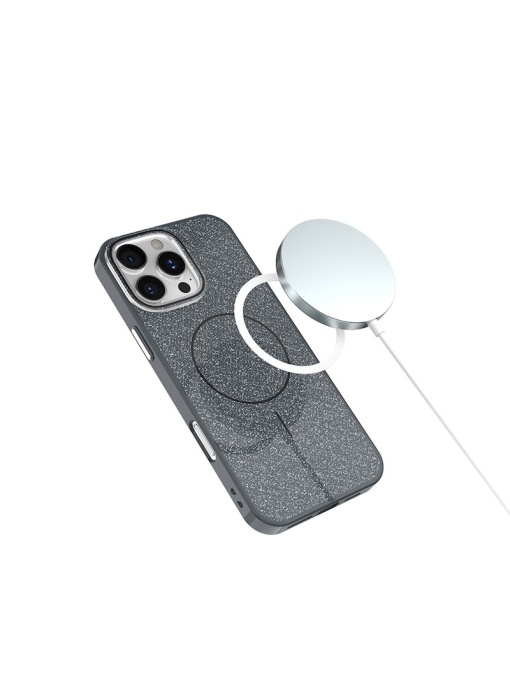 Черен Силиконов кейс със ситен брокат Glitter Thin Mag Case за iPhone 17 Pro Max