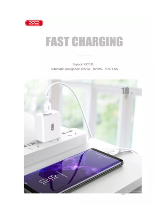 Зарядно устройство 220V XO L36 18W USB A Lightning кабел 3A за бърз пренос на данни