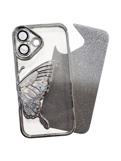 Сребърен калъф Пеперуда с Плаващ Елемент за iPhone 16 Pro Max
