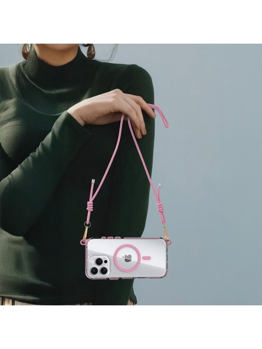 Акрилен калъф с връзка за врата и розов кант Strap Clear Case за iPhone 15 със защита от удари и надрасквания