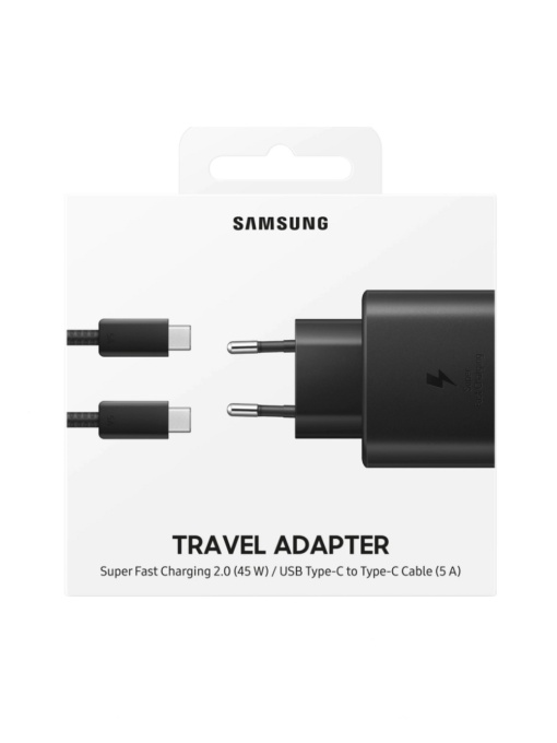 Оригинално зарядно у во SAMSUNG EP TA845 с мощност 45W с един изход USB C с кабел USB C USB C 1m за бърз пренос на данни