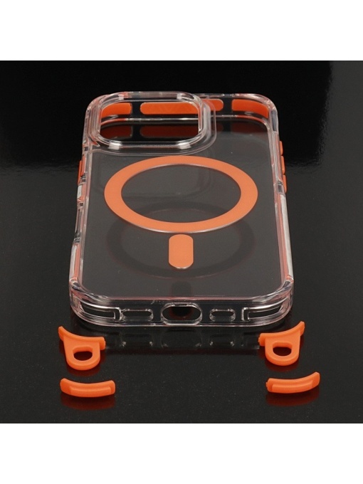 Акрилен кейс с връзка за врата и оранжев кант Strap Clear Case за iPhone 15