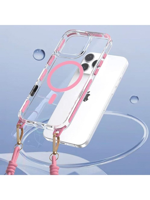 Акрилен калъф с връзка за врата и розов кант Strap Clear Case за iPhone 16 Pro Max