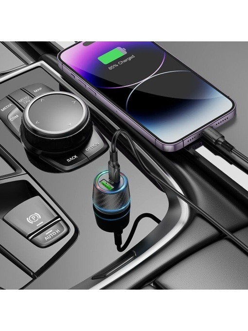 Зарядно устройство за кола BOROFONE BZ21 BRILLIANT USB TYPE C QC 3 0 PD 48W BLACK със здрава оплетка