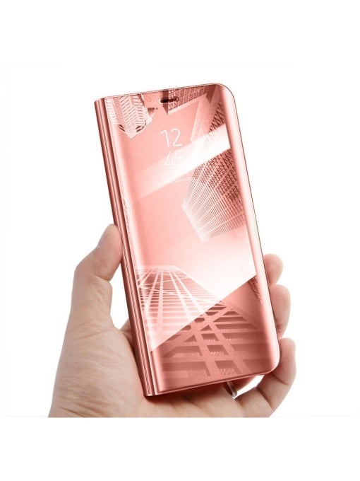 Розово Златен Тефтер Clear View за Samsung A21s с място за карти и банкноти