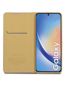 Златен калъф тип тефтер за телефон Frame Woman за Samsung A21s с място за карти и банкноти