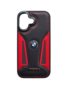 Черно Червен Кожен Гръб с Лого BMW за iPhone 17