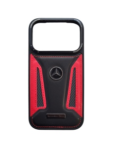 Черно Червен Кожен Гръб с Лого Mercedes за iPhone 17 Pro Max