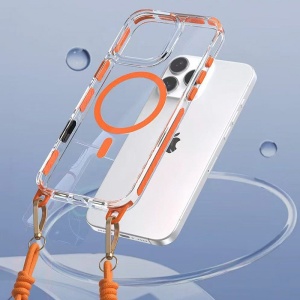 Акрилен калъф с връзка за врата и оранжев кант Strap Clear Case за iPhone 15
