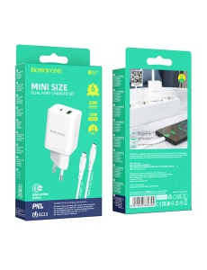 Зарядно у во BOROFONE BN07 с мощност 20W с два изхода 1 х USB 1 x USB C кабел Type C Type C със здрава оплетка