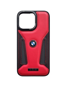 Червено Черен Кожен Гръб с Лого BMW за iPhone 15 Pro Max