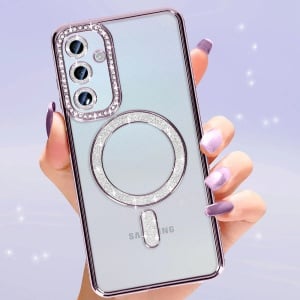 Лилав калъф с вграден протектор на задните камери Gliter MagSafe за Samsung Galaxy A17 с лесен монтаж без мехурчета