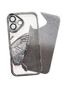 Сребърен калъф Пеперуда с Плаващ Елемент за iPhone 16 Pro Max