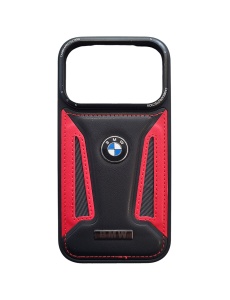 Черно Червен Кожен Гръб с Лого BMW за iPhone 17 Pro Max