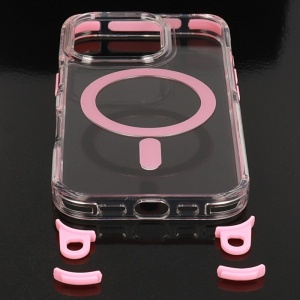 Акрилен кейс с връзка за врата и розов кант Strap Clear Case за iPhone 16 Pro Max