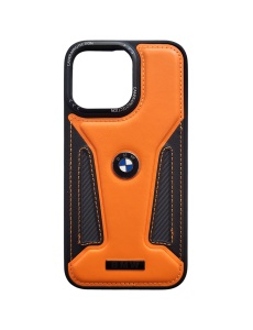 Оранжево Черен Кожен Гръб с Лого BMW за iPhone 15 Pro Max