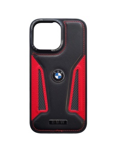 Черно Червен Кожен Гръб с Лого BMW за iPhone 16 Pro Max