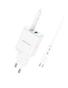 Зарядно у во BOROFONE BN07 с мощност 20W с два изхода 1 х USB 1 x USB C кабел Type C Type C