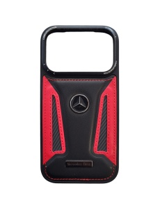 Черно Червен Кожен калъф с Лого Mercedes за iPhone 17 Pro Max