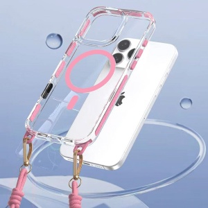 Акрилен калъф с връзка за врата и розов кант Strap Clear Case за iPhone 16 Pro