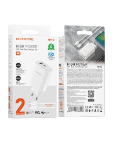 Зарядно у во BOROFONE BN10 с мощност 65W с два изхода 1 х USB 1 x USB C със здрава оплетка